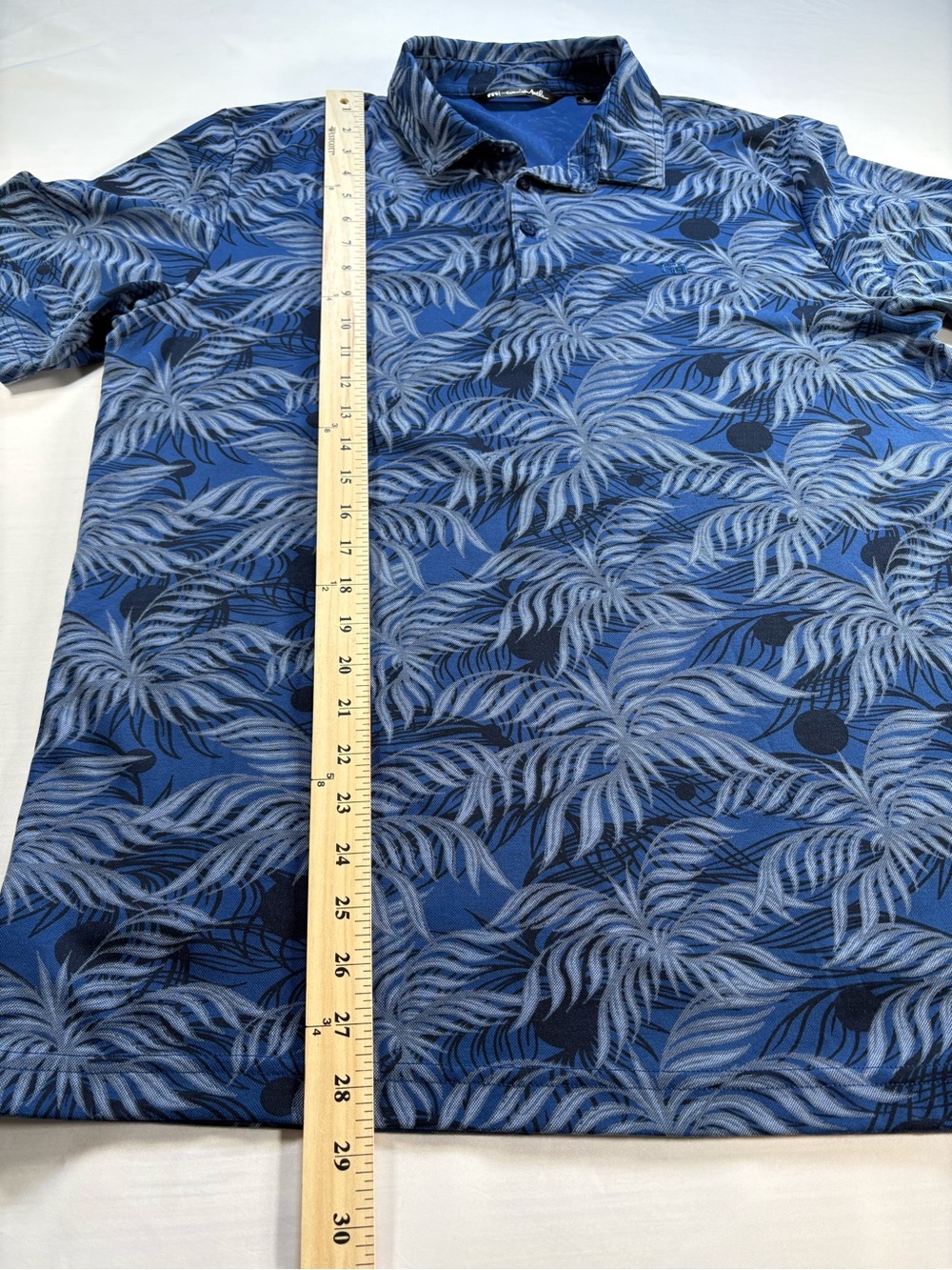 TravisMathew Mens Large Polo Shirt Blue Palm Leaf Tropical Print Short Sleeve L - Picture 7 of 8